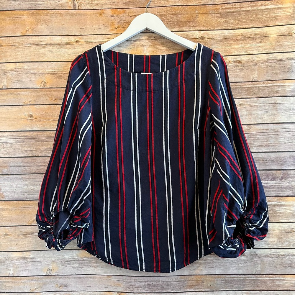 CAbi Red White Blue Stripe Flag Balloon Sleeve Blouse Style 5516 Size Small